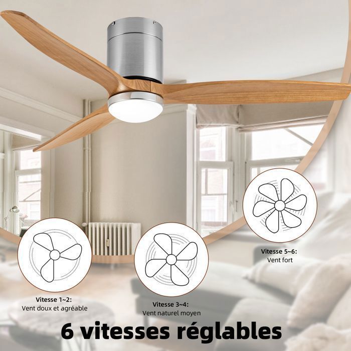 Ventilateur Plafond avec Lumière LED à Intensité Variable, 132 cm, Télécommande/Mode Hiver-Été/Silencieux/Moteur CC 30W/Bois