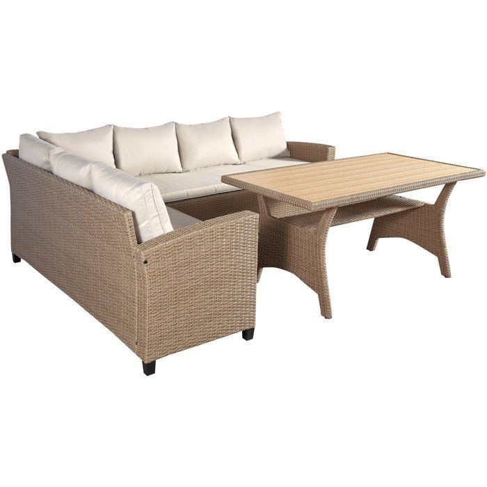 Garden furniture set - KAPAS - Steel frame and woven resin - Beige - 5 people