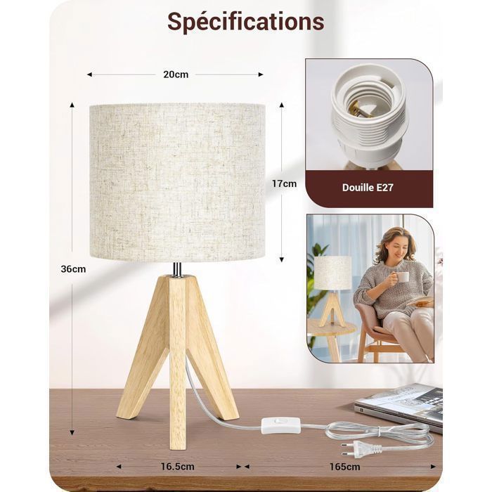 Lampe à poser Lot de 2, Abat-jour en Lin Beige, E27 Douille, Trépied Vintage, Ampoule Incluse, 36 x 20 x 20 cm