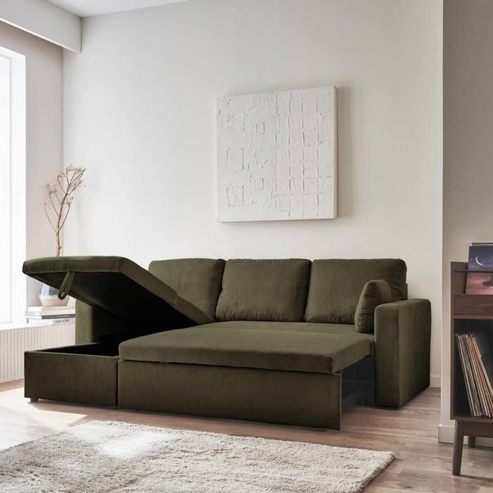 Sofá-cama de canto em veludo cotelê cáqui escuro - IDA - 3 lugares. Poltrona de canto reversível com compartimento de armazenamento.