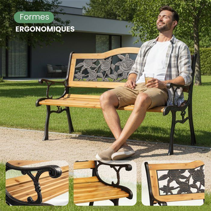 Banc de Jardin Noir ROSA avec Bois laqué et Pieds en Acier, Largeur 127 cm