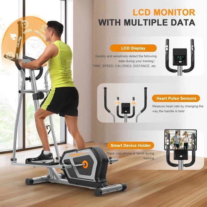 Elíptica silenciosa 3 en 1, 16 niveles de resistencia, peso máximo 130 kg, pantalla LCD, compatible con aplicaciones, ideal para entrenamiento cardiovascular en casa, color plata/naranja.
