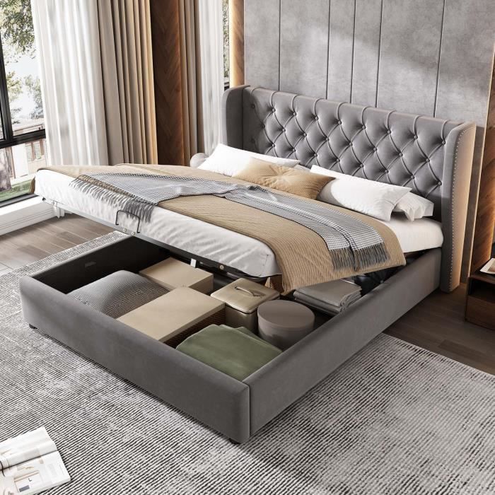 Cama de adulto de 140x190 cm - base de láminas con espacio de almacenamiento - tela de terciopelo gris - cabecero con alas
