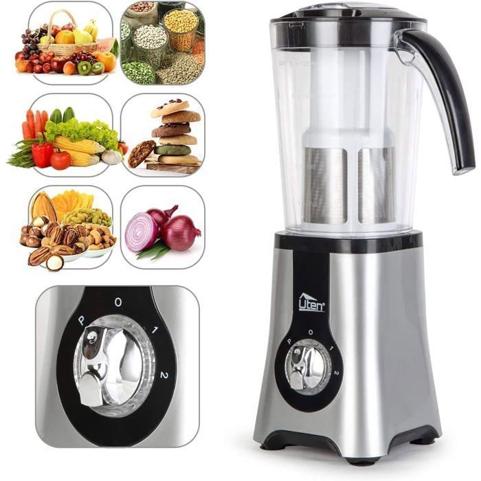 UTEN Smoothie Blender 1.25L, Blender Mixer - 380W - 3 Speeds - 2 in 1 - With Stainless Steel Blades