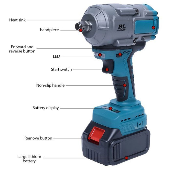 Avvitatore a impulsi elettrico senza fili, coppia di 3000 Nm, velocità variabile, ideale per riparazioni domestiche e progetti fai da te.