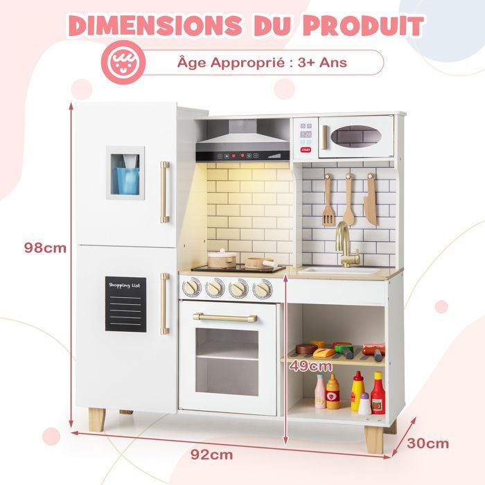 Cuisine Enfants COSTWAY en Bois avec Lumières et Sons, Machine à Glaçons, Hotte, Tableau Noir, Barbecue, 92 x 30 x 98 cm Blanc