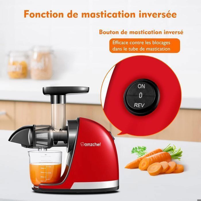 AMZCHEF Fruit and Vegetable Juicer, Slow Juicer, BPA-Free Citrus Press, 99% Juice Yield, Red