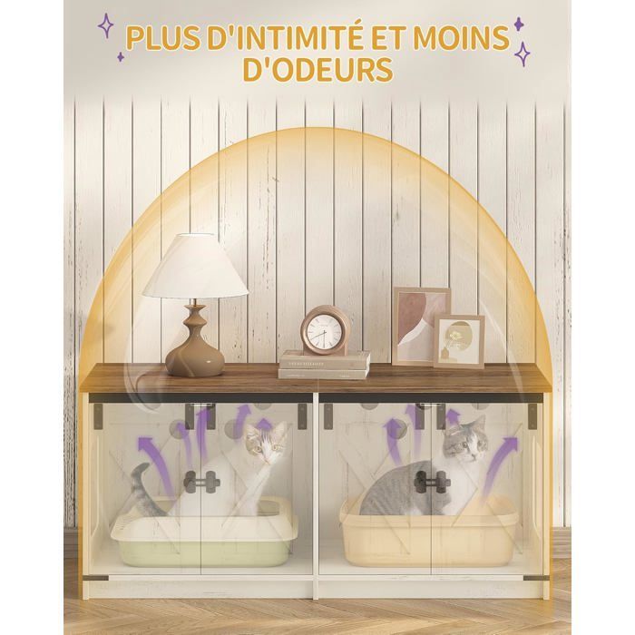 Casita para arenero de gatos, para 2 gatos, armario oculto para arenero, casita para gatos de interior, color marrón rústico y blanco.