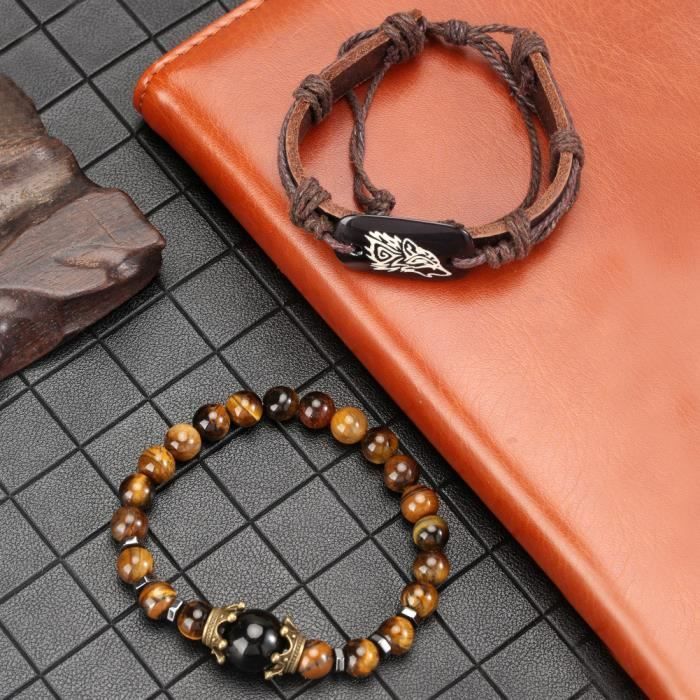 Set regalo da uomo SHARPHY con orologio e bracciale – Bracciale cronografo con perline stile tigre e cinturino in pelle marrone, regalo di carattere