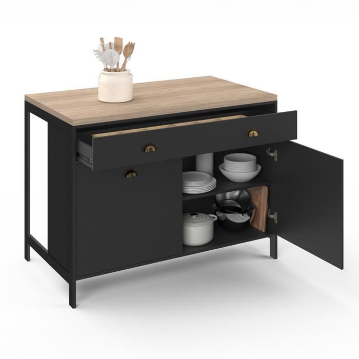 IDMARKET Isla central de estilo rústico de 120 cm, modelo ISIS, con tapa de madera efecto haya y acabado en negro.