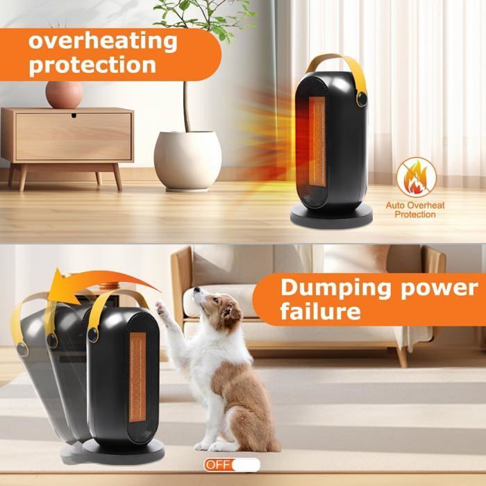 Calefactor eléctrico portátil de 1200 W, ideal para habitaciones pequeñas, con rotación de 70° y protección contra sobrecalentamiento.