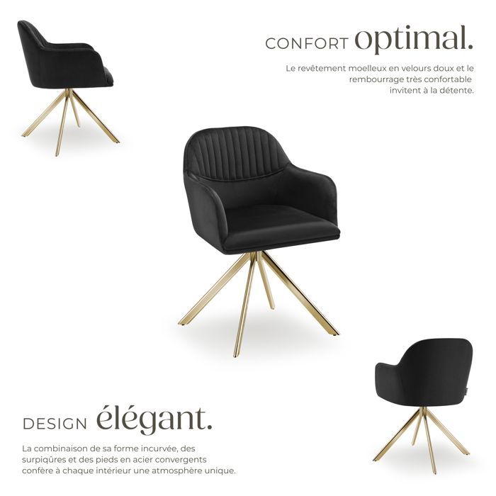 Chaise - TECTAKE - Fauteuil LONA pivotant à 360° avec rembourrage épais et dossier arrondi 56 x 59 x 81 cm - Noir/Or