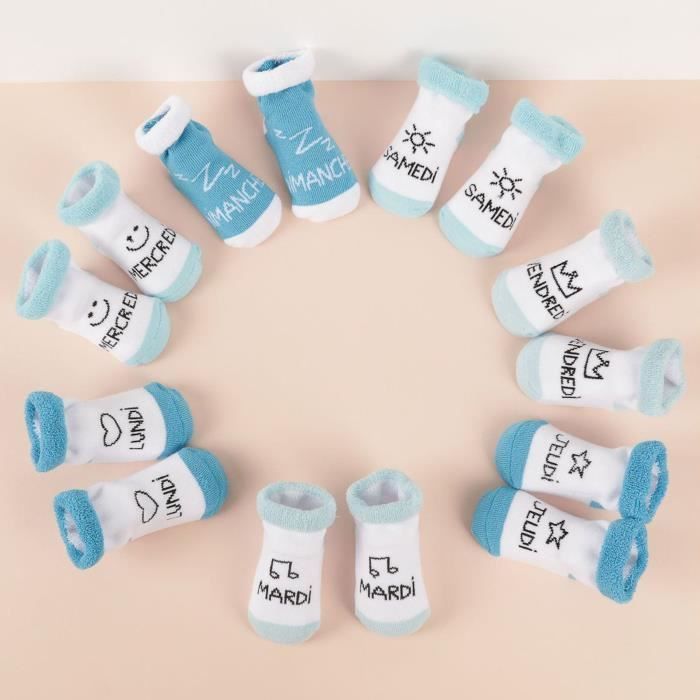 Calcetines para bebé XX Small 36-1E-011, Días de la semana, juego de 7 pares, talla 0-6 meses, blanco y azul, algodón, poliéster y elastano.
