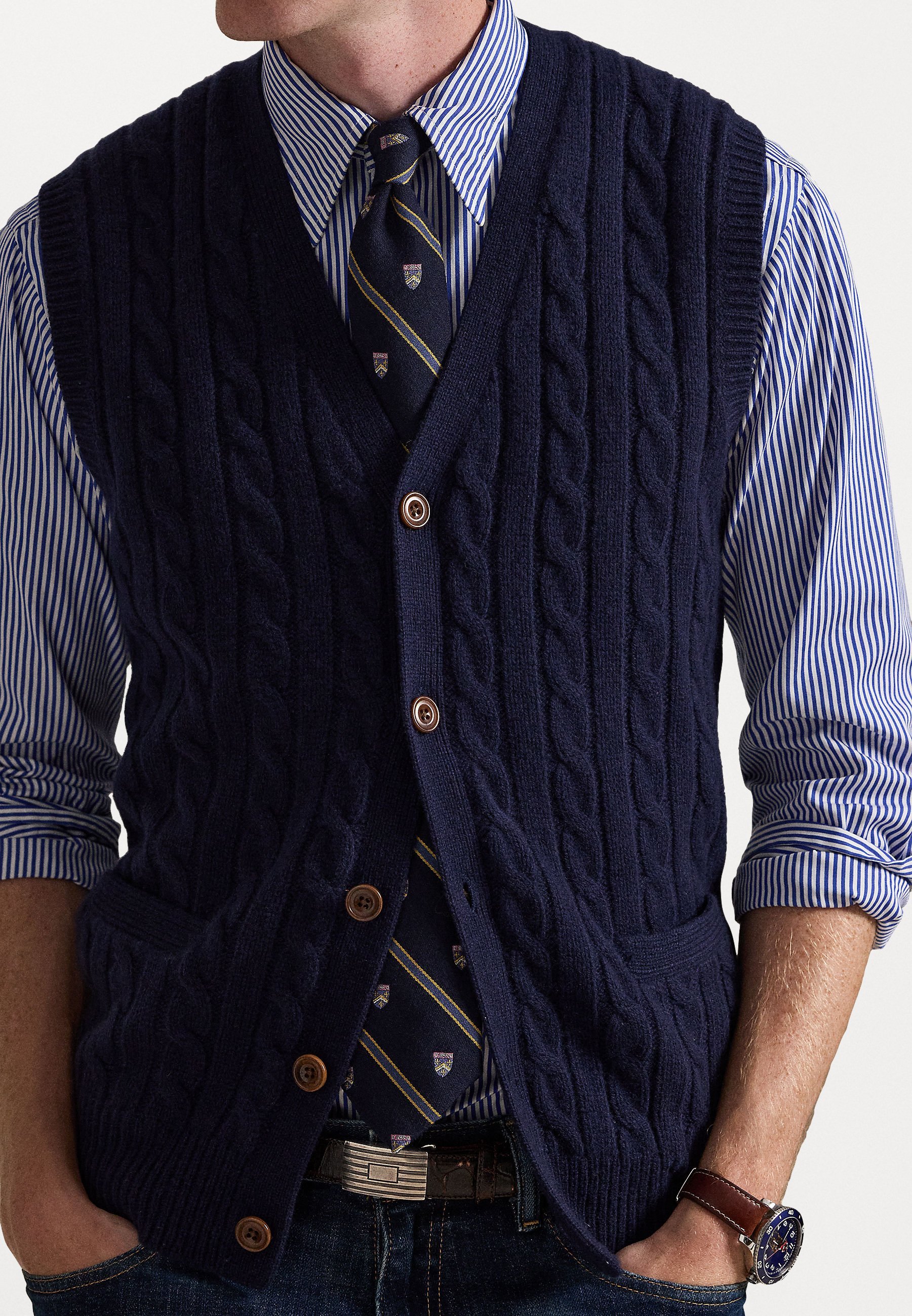 Gilet sans manches en laine et cachemire à maille torsadée Polo Ralph Lauren - Bleu marine chasseur