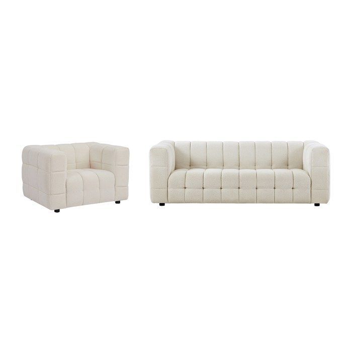 Canapé 3 places et fauteuil en tissu bouclette blanc ivoire LERICI