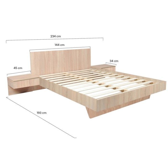 Lit COOL 140x190 cm + 2 chevets + sommier / Décor Chêne blanchi