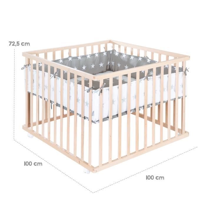 Parque infantil ROBA de 100 x 100 cm con móvil de madera maciza + protector de parque infantil gris estrellado - Altura regulable - Natural