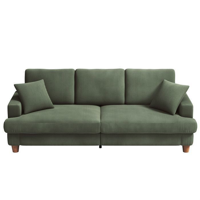 Sofá grande de 3 plazas de pana verde, estilo escandinavo, para salón, con 3 cojines y 2 almohadas, 220 × 76 × 84 cm.
