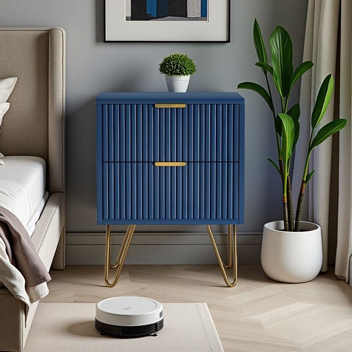 Mesita de noche y mesa auxiliar - Azul marino - 2 cajones ajustables - Patas de metal dorado - Diseño contemporáneo