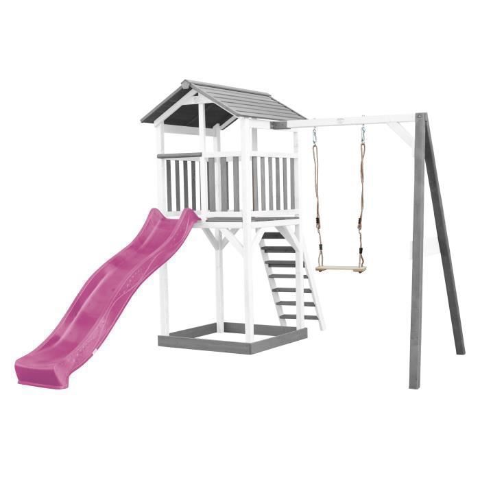 Área de juegos AXI Beach Tower con tobogán en color morado, columpio y arenero | Casita de juegos grande para exteriores en color gris y blanco