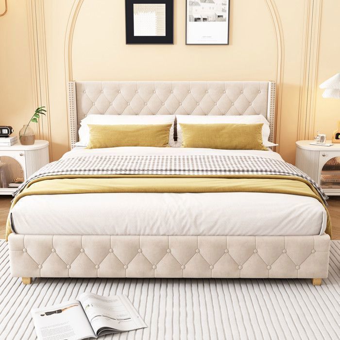 Cama de casal para adultos - TKOPY - Cama estofada 160x200 cm, com estrado de ripas, veludo bege claro