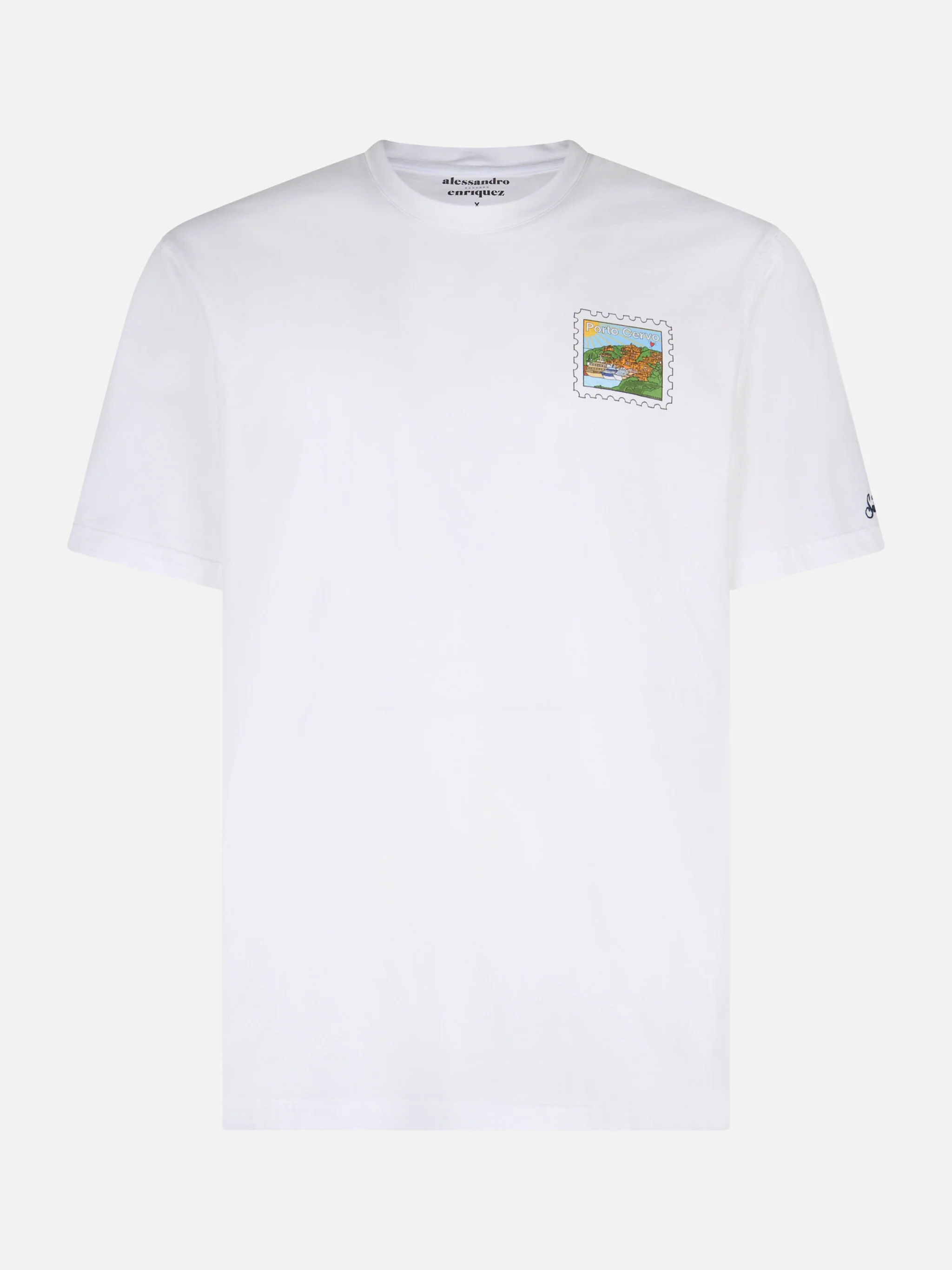Heren katoenen T-shirt met print van een Porto-ansichtkaart op de voor- en achterkant.