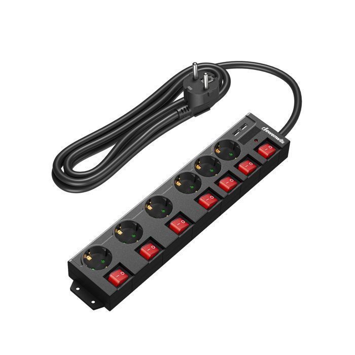 Regleta DEWENWILS de 3680 W/16 A - 6 tomas de corriente y 2 puertos USB - Cable de 3 m - Color negro - Interruptores individuales