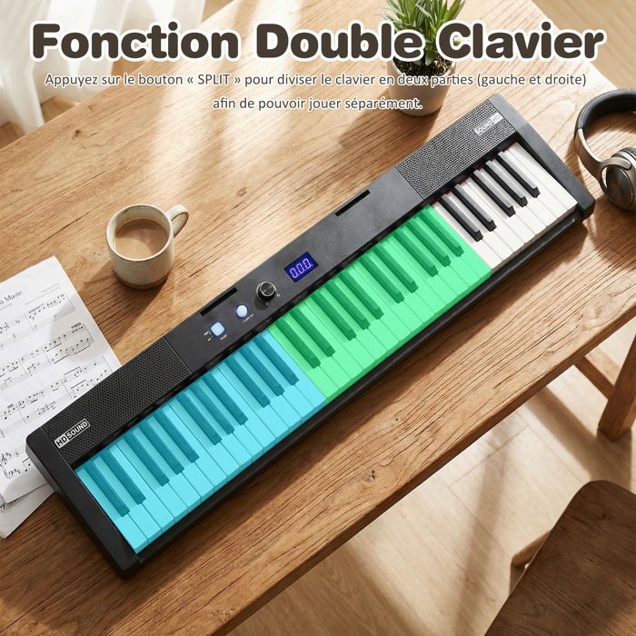 Clavier Electronique 61 Touches Lumineuses avec Tabouret COSTWAY-Support Réglable-Mode Enseignement-Jeu en Duo-Fonction MIDI à APP