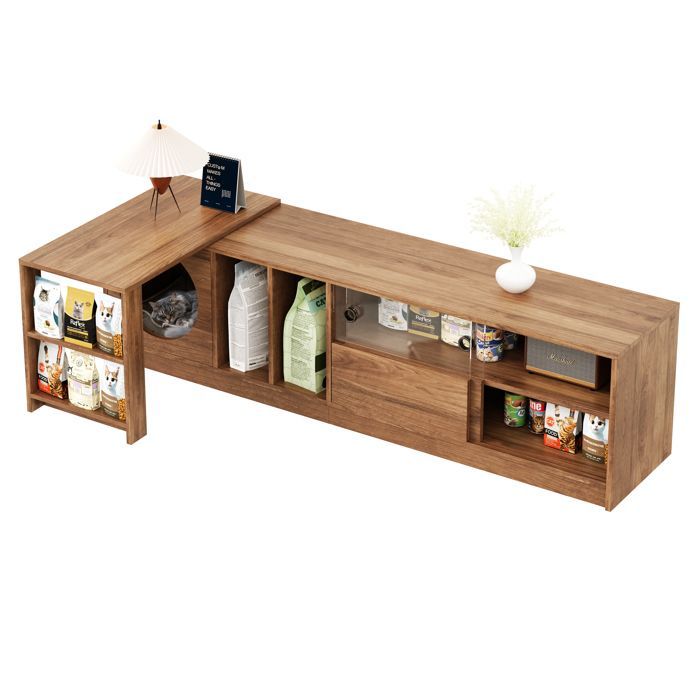 Meuble TV rotatif 180(+80)x40x50cm - MODERNLUXE - Niche pour chat - Portes coulissantes - Naturel