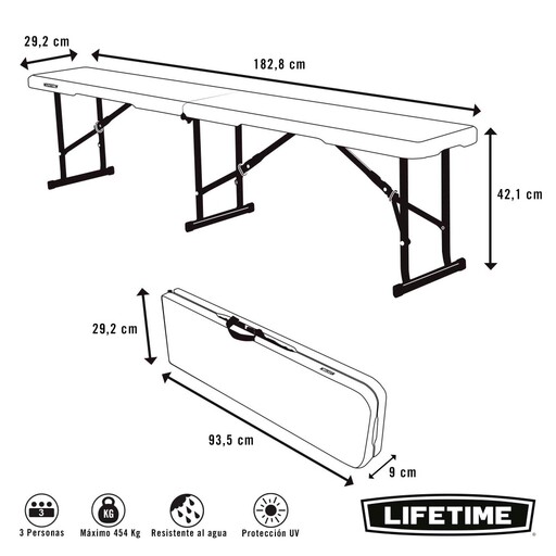 Banco Plegable Ultrarresistente 454 Kg Lifetime 183x29x42 Cm Uv100