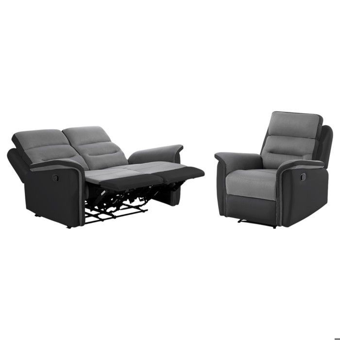 Sofá reclinable de 2 plazas LOUNGITUDE LÉON + sillón manual en microfibra y piel sintética, gris/negro.