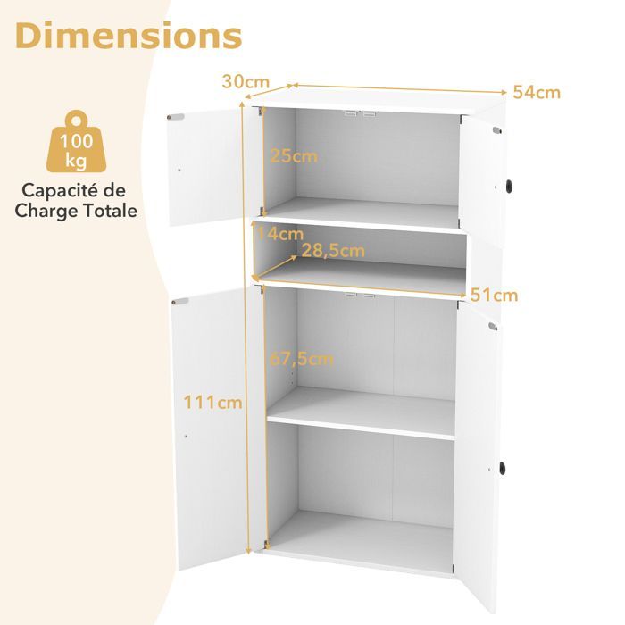 GIANTEX Buffet de Cuisine Moderne-Étagères Réglables-2 Armoires à 2 Portes-Compartiment Ouvert-Bibliothèque-54x30x111cm-Blanc