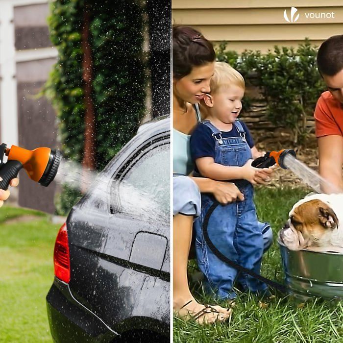 VOUNOT® Reinforced Expandable Garden Hose 15m Orange - 10 Modes - Connector and Storage Bag Included - Flexible, Leak-Proof