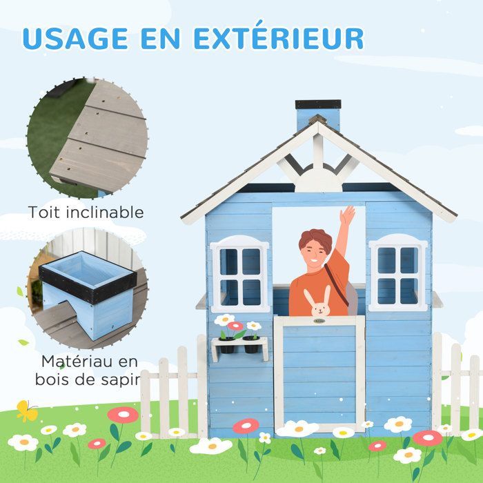 Outsunny - Cabane de jeu pour enfant - Bois de sapin - 151x112.5x142cm - Bleu