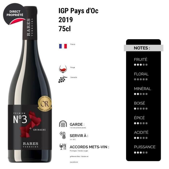 Pays d'Oc N°3 Garnacha Roja 2019 - Caja de 6 botellas de 75cl - Rares Terroirs - Vino Tinto IGP de Languedoc-Rosellón - Variedad de uva Garnacha