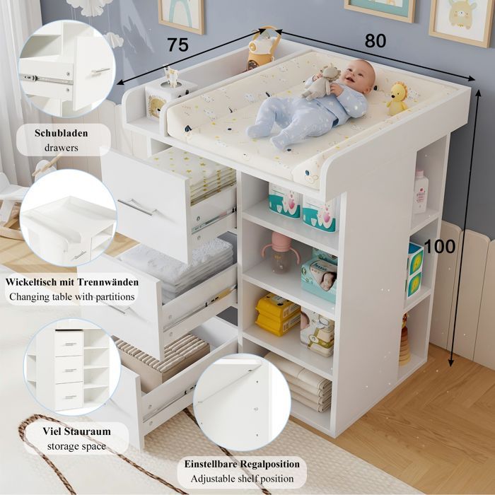 Commode à langer - Blanc pur - 3 tiroirs - Espace latéral - Étagères réglables - Espace à langer sécurisé
