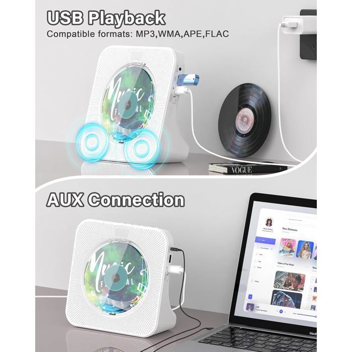Bluetooth 5.0 cd-speler, HiFi, afstandsbediening, led-display, FM-radio, AUX/USB, stofbestendig, wit