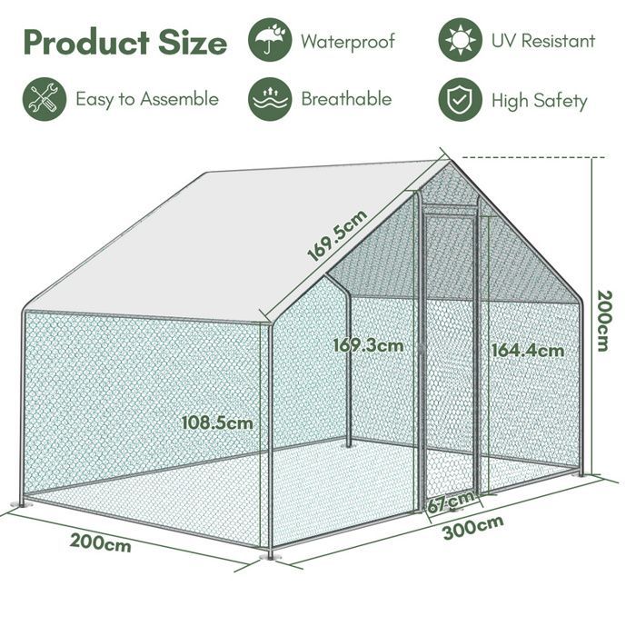 Eulenke Enclos poulailler anti UV 3x2x2 m avec serrureToit étanche et résistant au soleil acier galvanisé 6m² POULAILLER