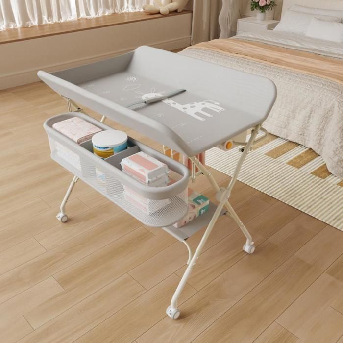 Cambiador plegable y portátil MIPAN - Con cesta de almacenamiento + 4 ruedas + cinturón de seguridad - Altura regulable - Gris