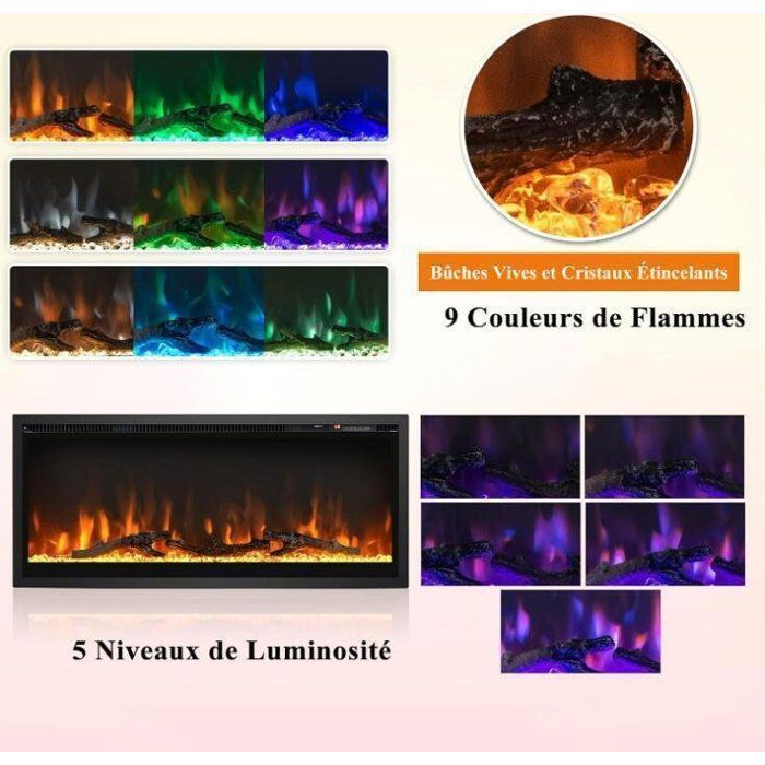 Cheminée Électrique - RELAX4LIFE - 750W/1500W - pour 42 m2 - Effet Flamme 9 Couleurs - 5 Luminosités Réglables - Température 18-28℃