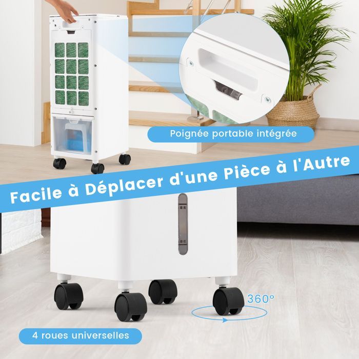 Aire acondicionado portátil COSTWAY 4 en 1 de 60 W - Depósito doble de 2,8 L - Control remoto, pantalla táctil LED - Temporizador de 12 horas - Oscilación de 60° - 3 velocidades de ventilador - Blanco