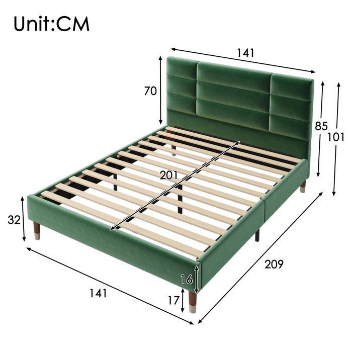 LINKHOO cadre de lit rembourré double,pour adultes et adolescents,en velours(matelas non inclus),140x200cm,gris