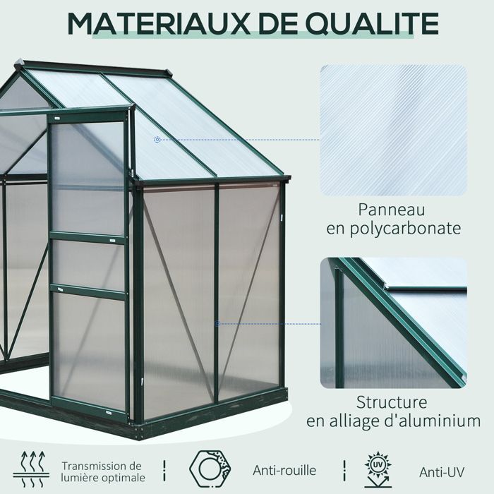 Serre de jardin polycarbonate - Outsunny - résistant aux UV 30+ - avec fondation renforcé - 190 x 132 x 201 cm - vert foncé