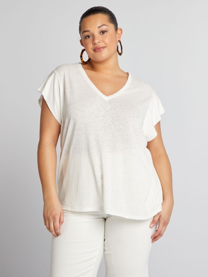 Linnen T-shirt met vleermuismouwen - WIT