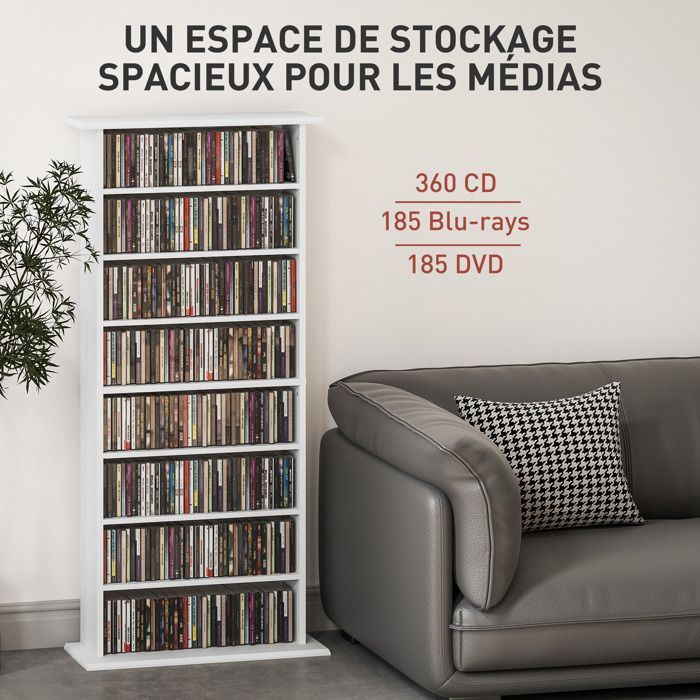 Rangements pour CD et DVD - HOMCOM - 8 compartiments et 6 étagères réglables - capacité max. 360 CD/185 DVD et Blu-ray - blanc