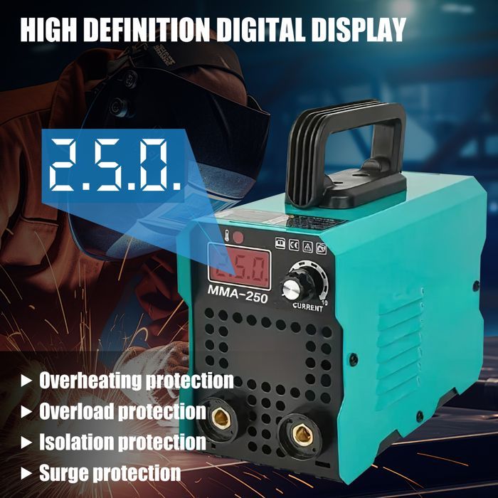 Saldatrice inverter da 250 A - 220 V - Portatile e compatta - Tecnologia IGBT - Display digitale a LED - per acciaio, acciaio inossidabile e ghisa - 3 kg
