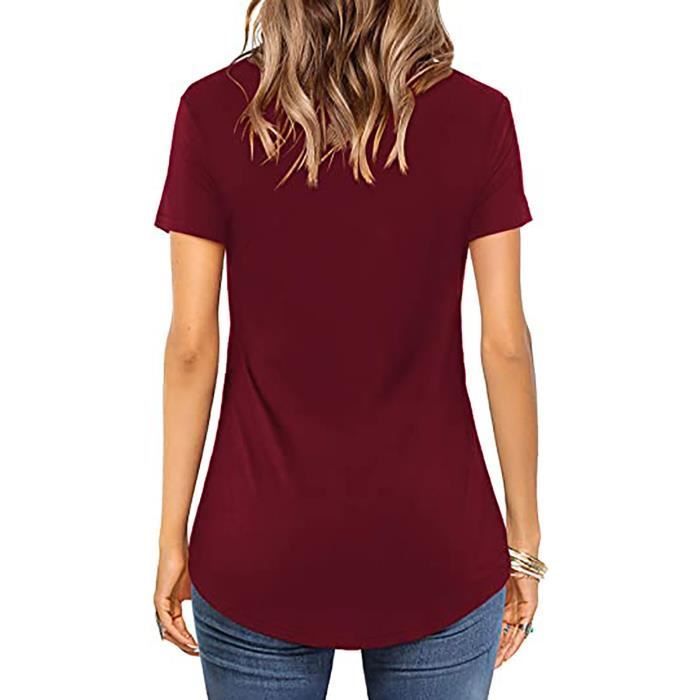 Camiseta de mujer - FONDUPIN - Camiseta sexy de verano - Rojo vino - Manga corta - Cuello en V