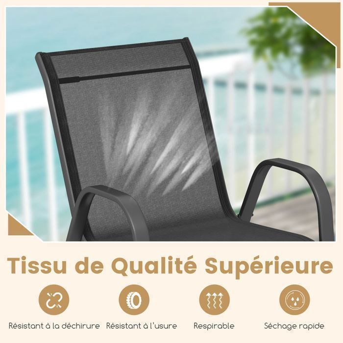 Set di 2 sedie da giardino COSTWAY, in tessuto traspirante, impilabili, con braccioli, ideali per patio, terrazza e veranda, colore nero.