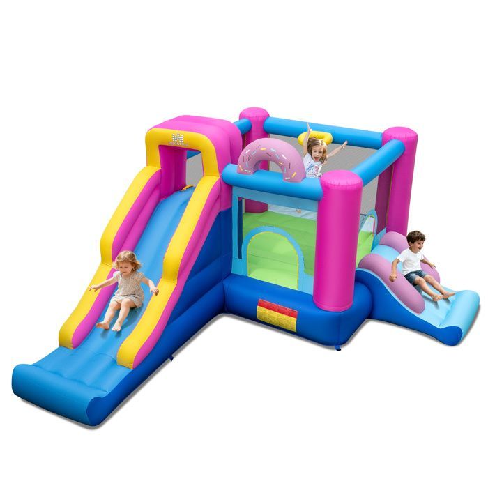 GIANTEX Opblaasbaar Donutkasteel met Springzone, Glijbanen, Klimwand, Basketbalring, Draagvermogen 90 kg (zonder Blower)
