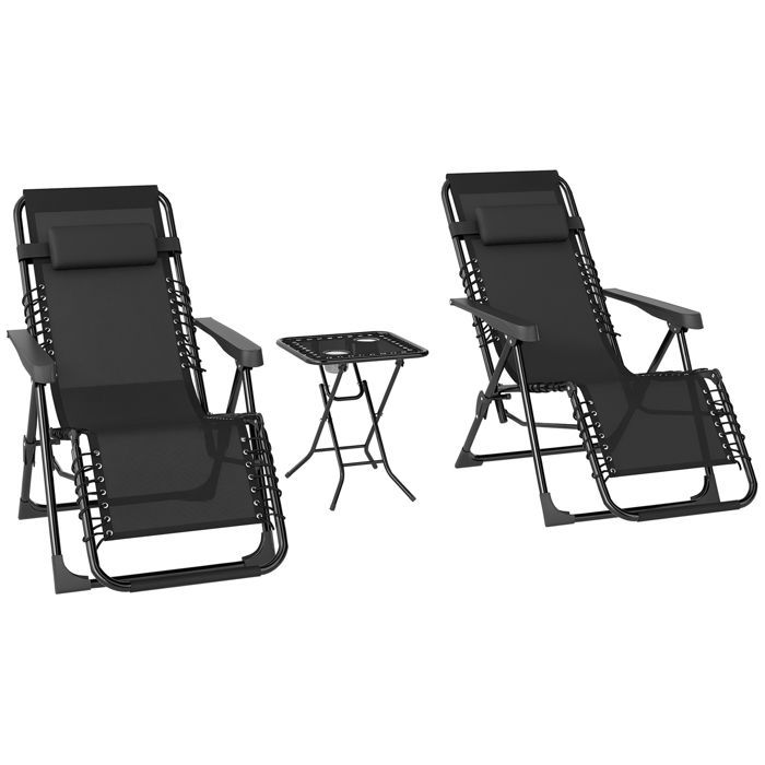 Lot de 2 chaise longue pliable et inclinable avec table d'appoint - Outsunny - porte-gobelets et appuie-têtes - charge 120 kg - noir